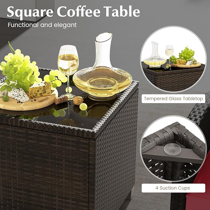 KOTEK 5 Pieces Patio Furniture Set with Ottomans, Wicker Patio Conversation Set with Coffee Table & Cushions, PE Rattan Outdoor Lounge Chairs for Backyard, Porch, Poolside (Mix Brown- Red)