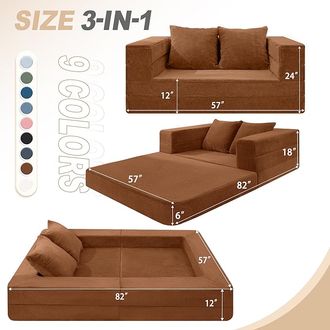 Futon Sofa Bed with Pillow, 3-in-1 Sleeper Sofa Bed with Removable Cover, Convertible Floor Sofa Bed, No Assembly Boneless Couch for Living Room, Bedroom