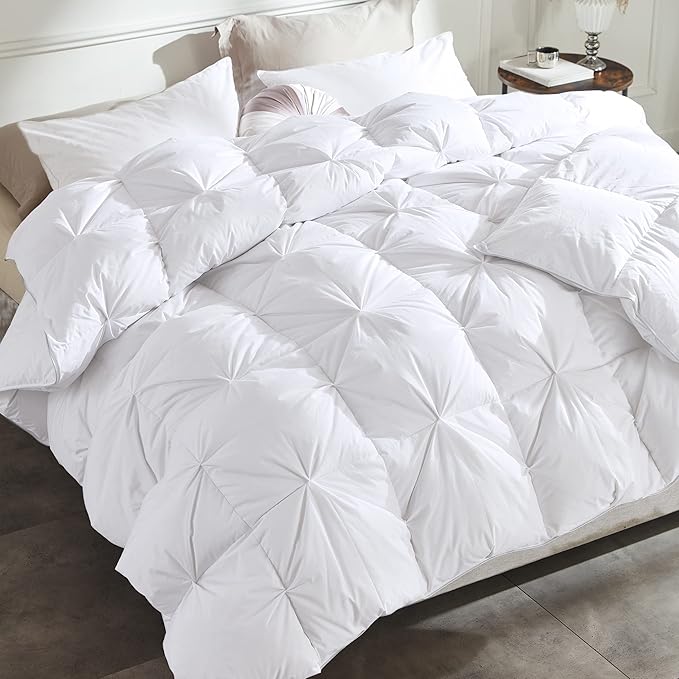 Alanzimo All Season Luxurious White Goose Down Feather Fiber Comforter Duvet Inserts Queen Size - Medium Warmth Ultra Soft 750 Fill Power White Bedding Comforter with 8 Tabs - 90x90 Pinch Pleat