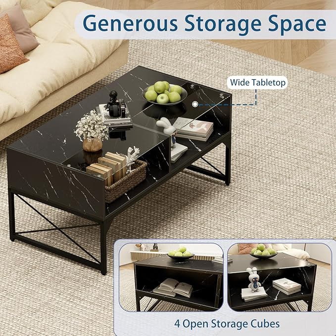 Tangkula LED Coffee Table, High Glossy Center Table with 4 Storage Cubes, Faux Marble & Tempered Glass Top, Adjustable Light Colors, Remote Control, Modern Cocktail Table for Living Room (Black)