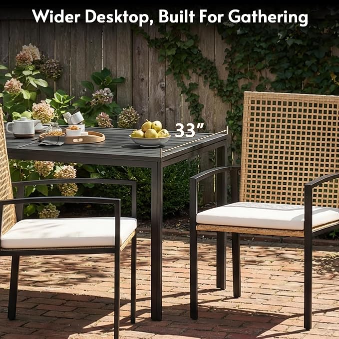 7-Piece Outdoor Dining Set for 6, Patio Dining Set with Hand-Woven Wicker Chairs & Cushions, 60" x 33" x 30" Wider Aluminum Woodgrain Table for Deck, Garden, Backyard - Image 4