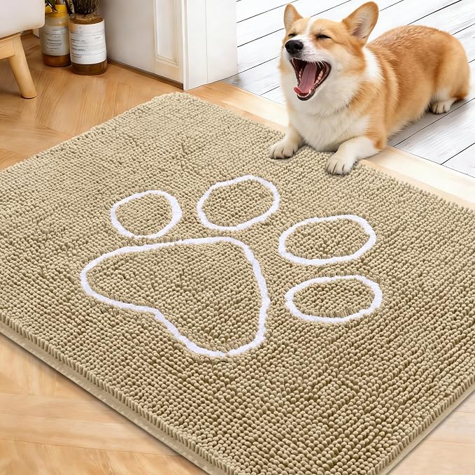 OLANLY Dog Door Mat for Muddy Paws 40x32, Paw Print Design, Absorbs Moisture and Dirt, Absorbent Non-Slip Washable Doormat, Quick Dry Chenille Mud Mat for Dogs, Entry Indoor Entryway Carpet, Beige by OLANLY