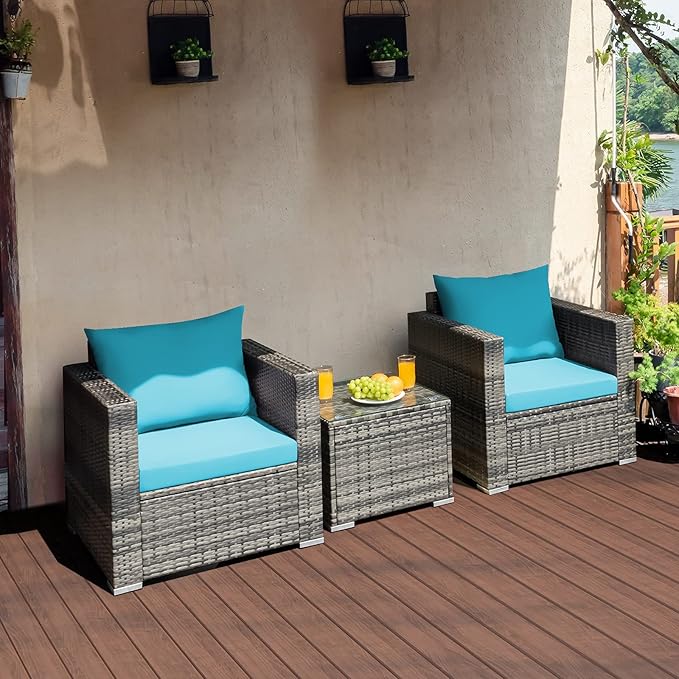Tangkula 3 Pieces Patio Furniture Set, PE Rattan Wicker Sofa Set w/Washable Cushion and Tempered Glass Tabletop, Outdoor Conversation Furniture for Garden Poolside Backyard