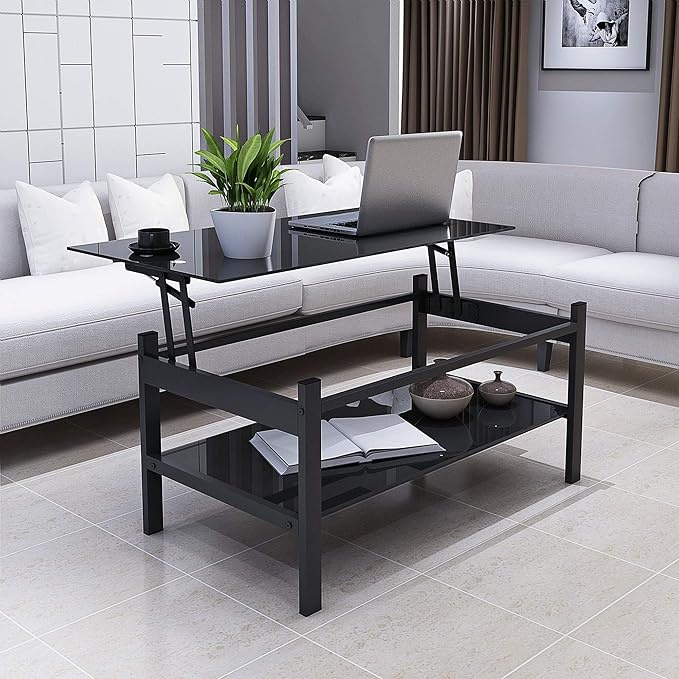 Lift Top Coffee Table, Modern Simple Black Tempered Glass Coffee Tables for Living Room Size 37.8"(W) x 21.6"(D) x 17.72"(H)