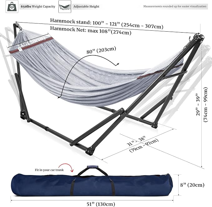 Tranquillo Universal Double Hammock with Stand Included for 2 Persons/Foldable Hammock Stand 600 lbs Capacity Portable Case - Inhouse, Outdoor, Camping, Grey - Image 6