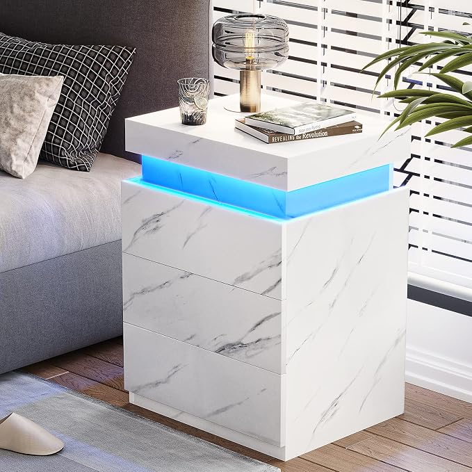 ADORNEVE Nightstand with Charging Station and LED Lights,Night Stand with Sliding Top for Bedroom,Bedside Table with Drawers,Modern End Side Table,White Marble - Image 4