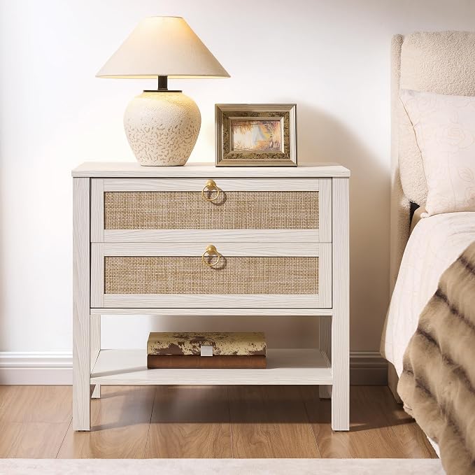 SICOTAS Boho Rattan Nightstand Set of 2, 26.7" Extra Wide Bedside Table with 2 Drawers & Open Shelf, White Oak Large Side Table for King Size Bed, Modern Coastal End Table for Master Bedroom - Image 4