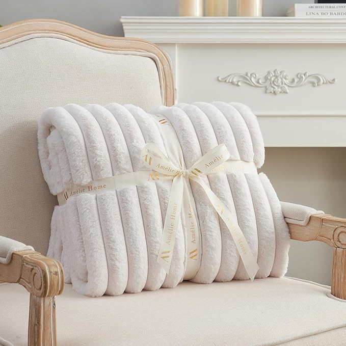 Amélie Home Faux Fur Throw Blanket for Couch, Cozy Fuzzy Fluffy Fur Luxurious Soft Striped Plush Gift Blankets for Family Sofa Chair, 60"x80", Ivory
