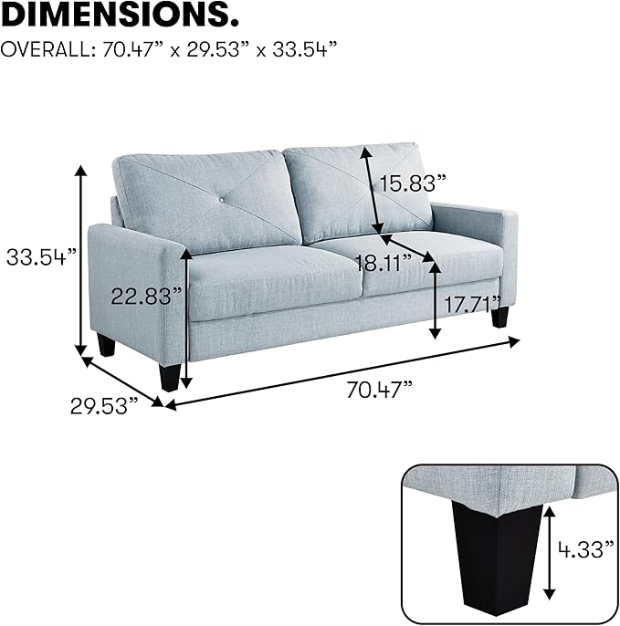 Serta® Lindbergh 70.5" Modern Transitional Sofa, Tufted Back Cushion, Square Track Arms, Solid Wood Legs, Dream Coil® Comfort, Woven Polyester Fabric, Light Gray