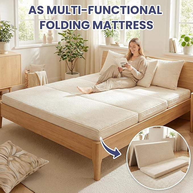 Convertible Sofa Bed Couch, 78’’ Oversized 4-in-1 Boneless Couches with Removable Armrests Backrest, Corduroy Futon Sofa Bed, Foldable Mattress Sleeper Sofa for Living Room Bedroom (Beige)
