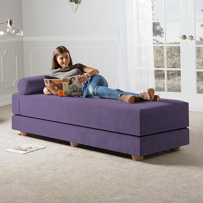 Jaxx Alon Daybed - Fold-Out Sleeper Chaise with Premium Memory Foam Queen-Size Mattress - Made in The USA, Plum