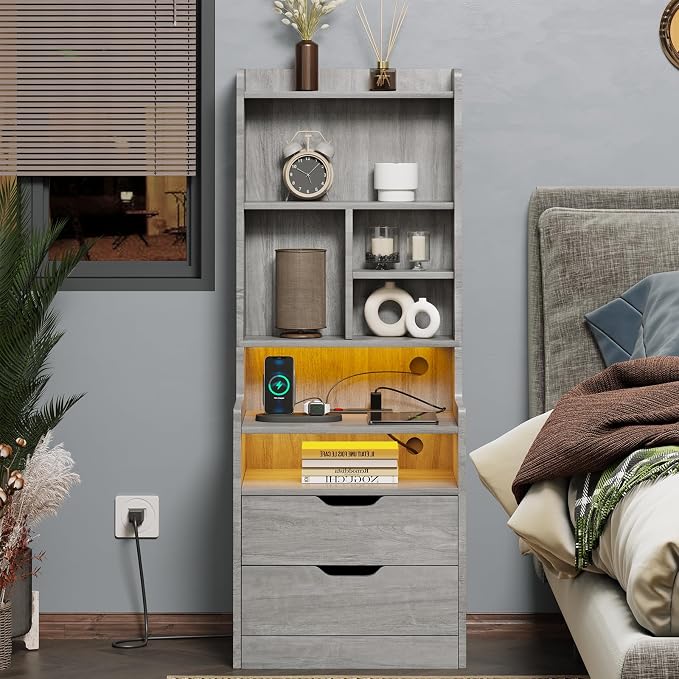 ADORNEVE Tall Night Stand with Charging Station and LED Lights,Nightstand with Bookshelf,Bedside Table with Drawers & Power Outlets,End Side Table for Bedrooms (Grey) - Image 6