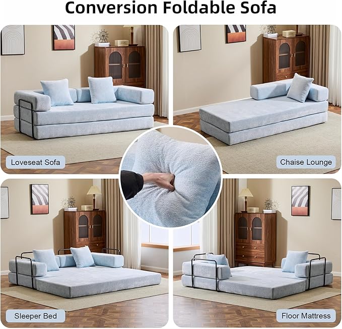 Convertible Floor Sofa Bed, Fold Out Floor Couch with Pillow Back & Armrest, Compressed Couch with Fixed-Shape Frame, Chenille Foldable Sleeper Sofa Bed for Living Room Bedroom, Light Blue