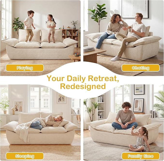 59" Boneless Loveseat Sofa, 2-Seater Beige Boneless Sofa with Removable Cushions & 2 Pillows, Small Couch Boneless Compress Foam Sofa for Living Room, Apartments, & Office