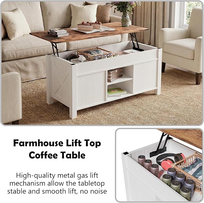 Lift Top Coffee Table with Storage, 47" Farmhouse Coffee Tables with Sliding Barn Door and Lift Tabletop Wooden Rustic Rectangle Center Table for Living Room, White