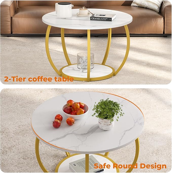 GreenForest Round Coffee Table with 2-Tier Open Storage, 27.6 inch Small Circle Coffee Tables with Adjustable Feet, Modern Mini Center Table for Small Living Room, White and Gold