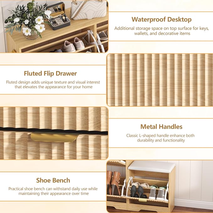 HUANLEGO Shoe Cabinet Storage for Entryway with 4 Flip Drawers, Oak Fluted Shoe Cabinet with Bench, Wooden Hidden Shoe Rack Freestanding Narrow Slim Shoes Storage Organizer for Hallway, Entrance - Image 5