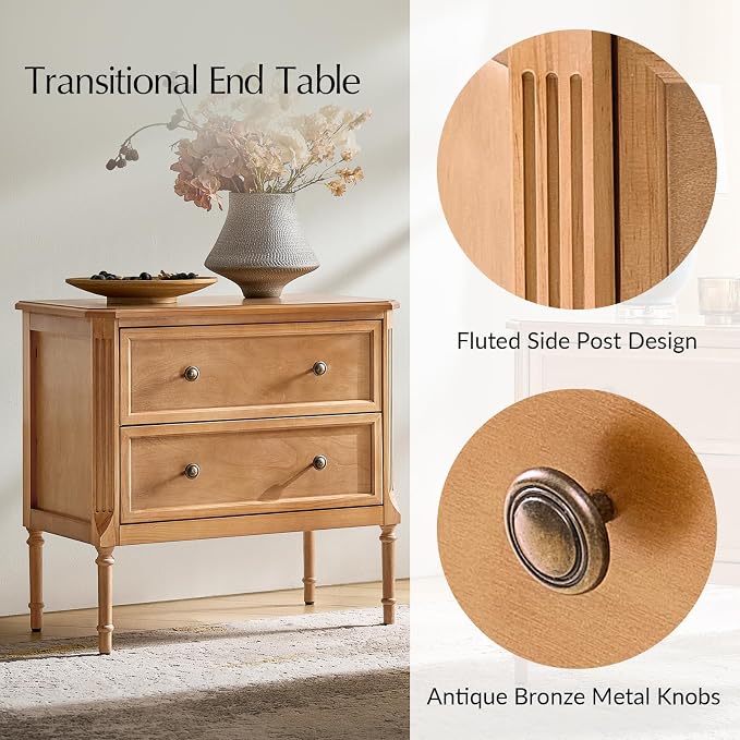 HULALA HOME Solid Wood End Table with Charging Station, Mid-Century Modern End Table with 2 Drawer, Adjustable Solid Wood Feet, Easy Assembly Set of 2, Teak - Image 6