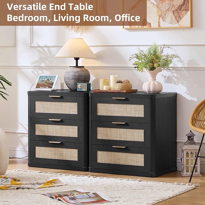 LEYAOYAO Rattan Night Stand with Charger Station, 23" Large 3 Drawer Boho Nightstand, Black Bedside Table Storage Cabinet, Bed Side End Tables for Bedroom, Living Room, Hallway - Image 4
