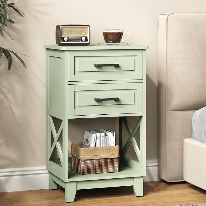 RoyalCraft 30" Tall Nightstand, Modern Painted Bedside Table with 2 Drawers and Open Shelf, Wood Side Table for Bedroom, Home Office, Green-Open Shelf Below, Set of 1 by Bringyoubetterlife