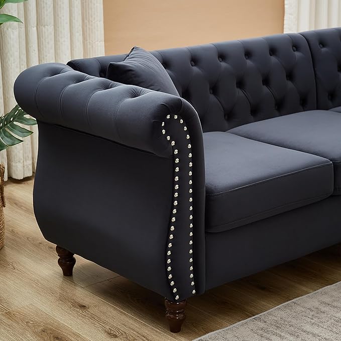 KEIKI 83.5" Chesterfield Corner Sofa, Upholstered L-Shaped Velvet Couch with Rolled Arm, 5 Seater Corner Sofas for Living Room Bedroom Office Apartment, Black
