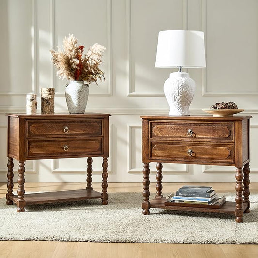 HULALA HOME Farmhouse Storage End Table Set of 2 with 2 Drawers and Open Shelf, Solid Wood Side Table with Spindle Legs, End Table with Charging Station (Walnut) by HULALAHOME