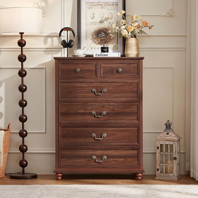 Joaxswe Farmhouse 6 Drawer Dresser for Bedroom, 42" Tall Rustic Chests of Drawers w/ 4 Solid Wood Feet, Mid Century Modern Wooden Closet Storage Dressers Organizer for Living Room, Hallway,Brown - Image 7