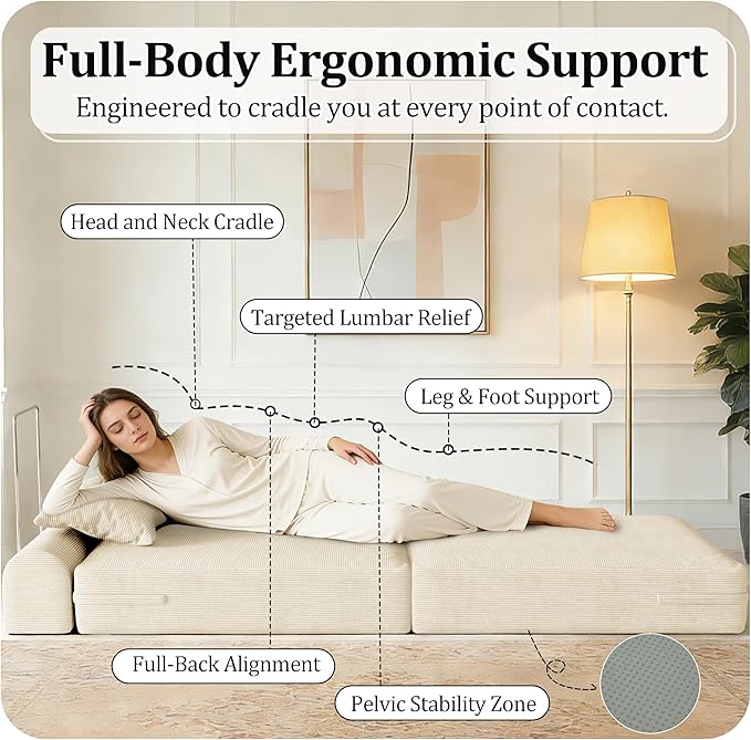 31.5'' Convertible Compressed Corduroy Folding Cloud Sofa Bed Set of 2, 2 Pieces Modern Boneless Pull Out Sleeper Sofa Couch, 3 in 1 Portable Lazy Floor Lounge Chair Set, No Assembly Needed, Beige