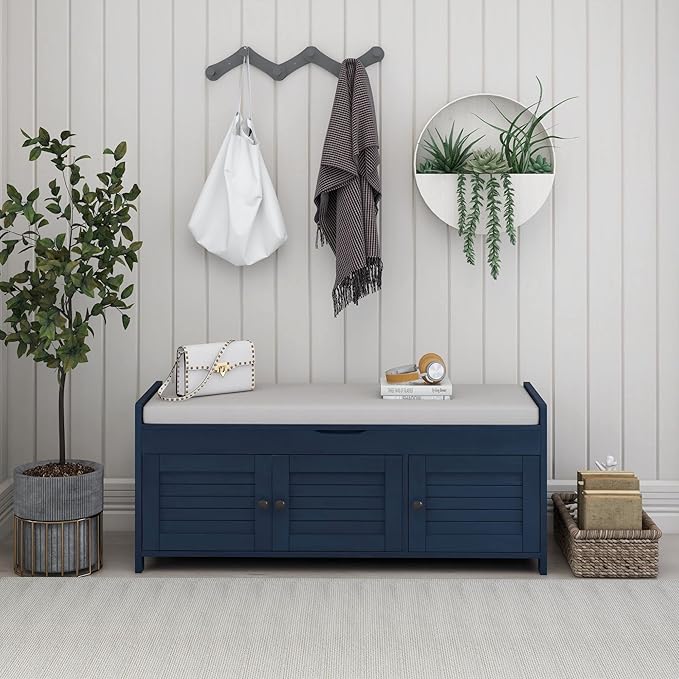 SOFTSEA Upholstered Storage Bench, Entryway Shoe Bench with Removable Cushion and Hidden Storage, Wooden Storage Ottoman with 3 Shutter-Shaped Doors for Entryway, Living Room, Bedroom, Blue - Image 3