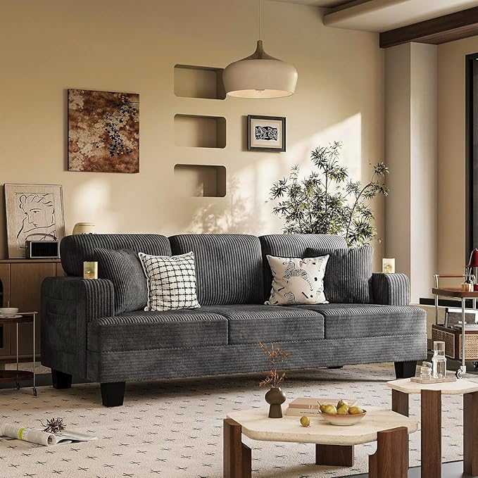 Homall Couches for Living Room, 83" Couch with Soft Deep Seats, Modern Sofa 3 Seater in Corduroy for Apartment, Bedroom (Charcoal Gray)