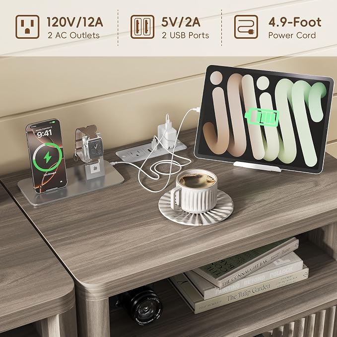 FUSOU Fluted Night Stand Set 2, Nightstands with Charging Station and LED Lights, Modern Bedside Table with 3 Drawers and Open Shelf, End Table with Storage, Night Stand for Bedroom, Light Brown - Image 6