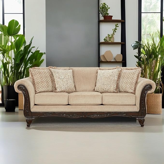 Hernen Carved Wood Frame Sofa, Beige Wheat