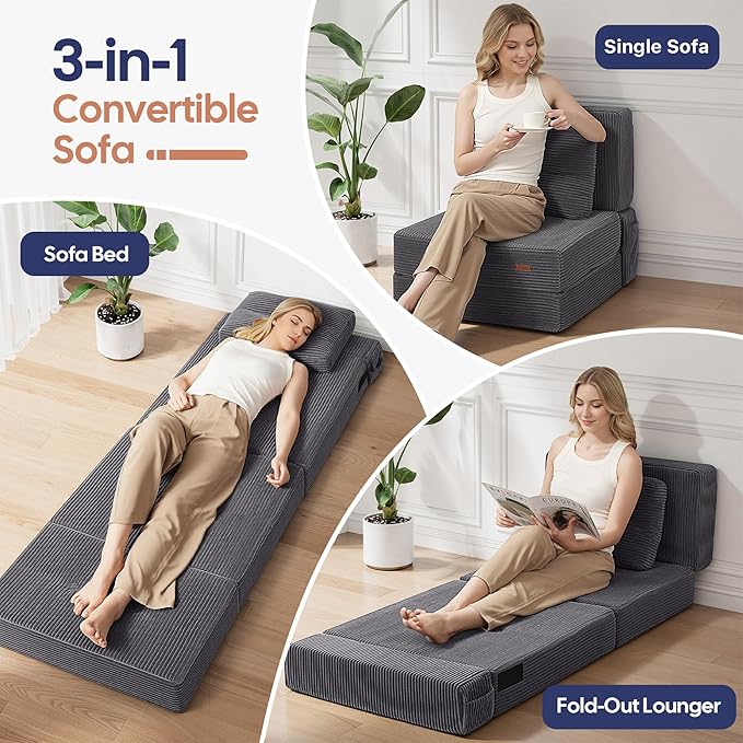 COMAX Folding Sofa Bed, Foldable Couch for Bedroom, Convertible Floor Sleeper Futon Chair Foam, Corduroy 3 in 1 Fold Out Chair Portable Comfy Lounge Couch Sofa Bed for Small Space, Single, Grey
