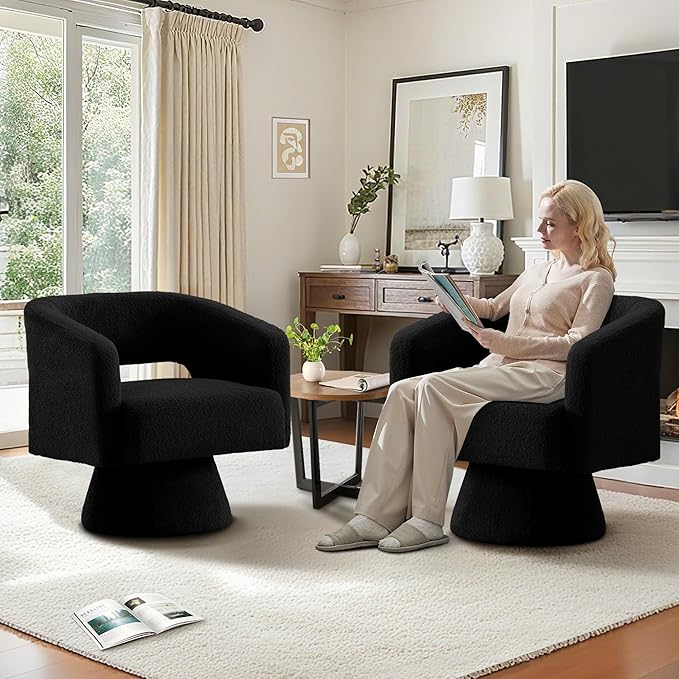 ClinQ Swivel Barrel Accent Chair, Oversized Teddy Upholstered Round Swivel Chairs Set of 2, Modern Luxury 360° Living Room Vanity Chair for Bedroom Office&Living Room, Black