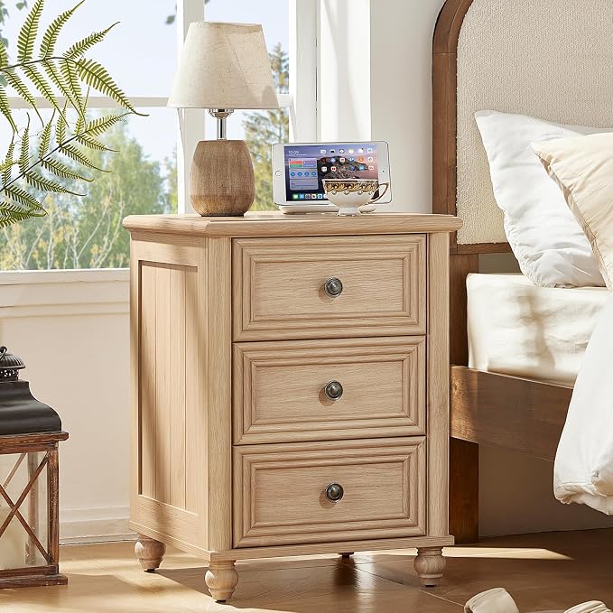 RWYHG 18" Farmhouse Night Stand, Natural Wood Nightstand with 3 Drawers, Bedside End Table with Storage and Roman Column, Bed Side Tables Cabinet for Bedroom, Living Room, and Closet by RWYHG