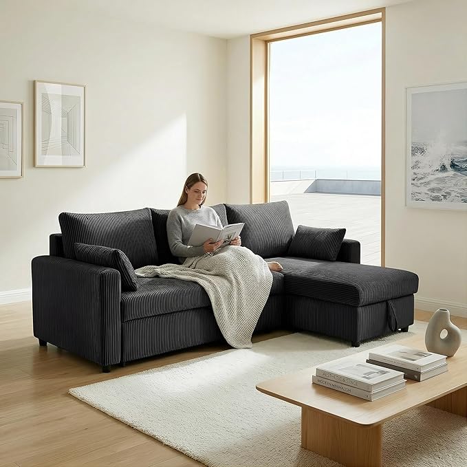 Casaphoria 85" Corduroy Sleeper Sofa with Pull Out Bed & Storage Chaise, L-Shaped Sectional Couch for Small Apartment, Living Room & Guest Room, 3-Seat Convertible Sofa Bed, Black