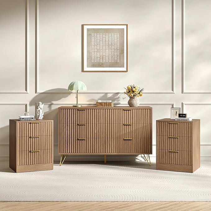 6 Drawer Dresser and Nightstand Sets for Bedroom, 3 Pcs Fluted Bedroom Set, 3 Drawer Night Stand Set of 2 & 6 Drawer Dresser with Golden Handles, Wood Chest of Drawers Cabinet Set, Natural Oak