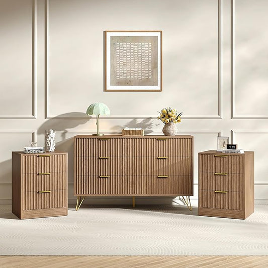 6 Drawer Dresser and Nightstand Sets for Bedroom, 3 Pcs Fluted Bedroom Set, 3 Drawer Night Stand Set of 2 & 6 Drawer Dresser with Golden Handles, Wood Chest of Drawers Cabinet Set, Natural Oak