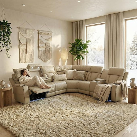 Modern Power Reclining L-Shaped Sectional, Luxury Home Theater Seating with LED Ambient Lighting, Hidden Storage & Charging Ports, Ergonomic Modular Recliner Sofa for Living Room, Beige