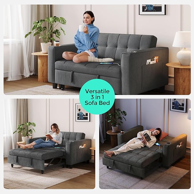 LINSY Sleeper Sofa Bed, 54" Pull Out Couch with Charging Station & Cup Holder, Small 3 in 1 Convertible Loveseat Sleeper Couch for Apartment, Dorm Room, Bedroom and Small Space, Corduroy Gray