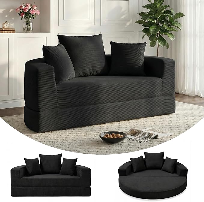 Casaphoria Modern Futon Sofa Bed,67 Inch Wide Folding Couch with Wide Armrests and Pillows,Convertible Lounger for Apartment,Guest Room,Daybed(Black)