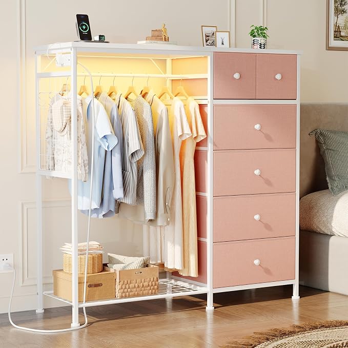 DUMOS Dresser for Bedroom with Hanging Rack, 6 Drawer Fabric Dresser with Charging Station and LED Lights, Closet Organizer & Storage Tower for Living Room, Entryway, Apartment, Pink - Image 2