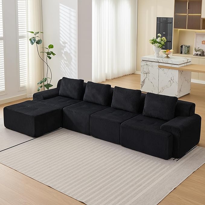 Modular Sectional Sofa, Boneless Couches for Living Room, Corduroy Couch, Big Comfy Couch, Modular Cloud Sofa with Deep Seat (Black, 5 Pieces-L Shape)