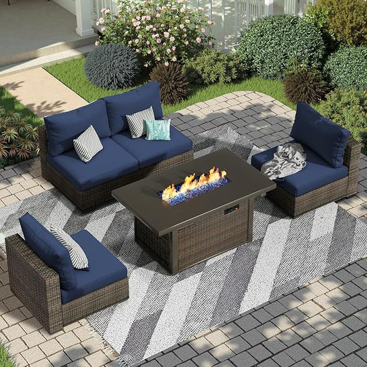 5 Pieces Patio Furniture Set with 44" Fire Pit Table, Rattan Outdoor Sectional Conversation Sets, All Weather Outdoor Furniture Set with Cushions for Garden Lawn Balcony Porch Deck Blue