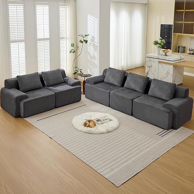 Modular Sectional Sofa, 6 Seat Modular Couch, Modular Sofa with Deep Seat and Detachable Pillow (Grey, Rowshape 2 Side)