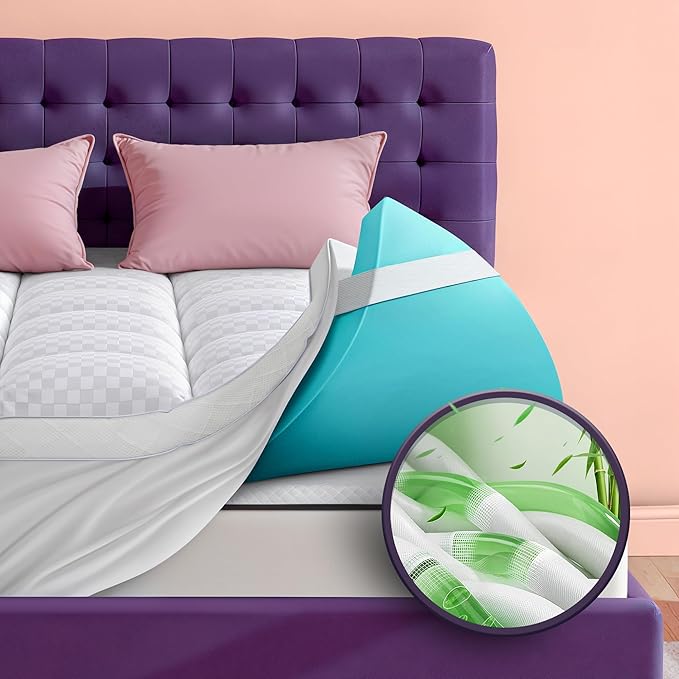 Dual Layer 4 Inch Memory Foam Mattress Topper for Pressure Relief with 4X Support, 2" Fluffy Pillow Top King Mattress Topper 50% Viscose Made from Bamboo Plus 2" Cooling Gel Memory Foam Mattress Pad