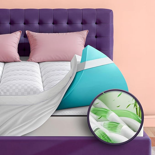 Dual Layer 4 Inch Memory Foam Mattress Topper for Pressure Relief with 4X Support, 2" Fluffy Pillow Top King Mattress Topper 50% Viscose Made from Bamboo Plus 2" Cooling Gel Memory Foam Mattress Pad