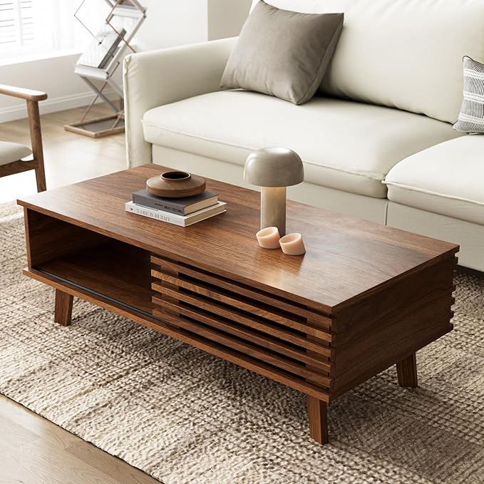 Mid Century Modern Coffee Table, Wood Coffee Table with Storage, Farmhouse Table for Living Room, Apartment, Walnut