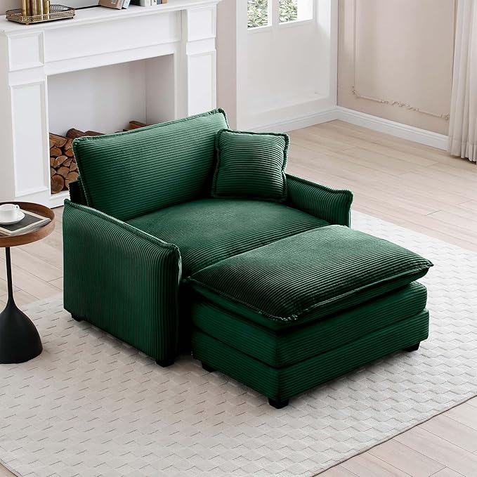 KEIKI 46" Oversized Corduroy Modular Sectional Single Sofa with 1 Ottoman, High-Density Foam Cushions, Removable Armrest, Upholstered 1-Seater Lounge Accent Chair with 1 Pillow, for Living Room, Green