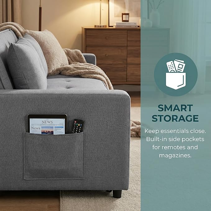 83 Inch Convertible Sofa Bed with Side Pocket, Modular Sectional Couch with Pull Out Bed, L Shaped 2 Seat Sectional Sleeper Sofa for Living Room, Apartment, Black